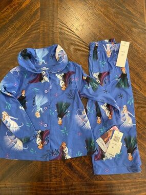 Disney Frozen Girls' Purple-Blue Pajama Set with Anna, Elsa & Olaf